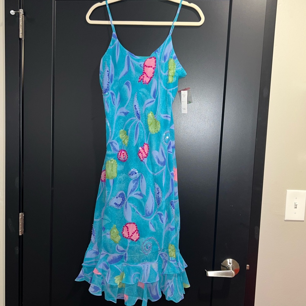 Vintage-Inspired Sequin Beaded Slip Dress | M | Turquoise Floral | Midi | NWT